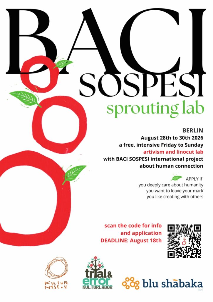 Original poster for the Baci Sospesi Sprouting Lab in Berlin, 28–30 August 2026, with the KulturNest, KulturLabor Trial & Error and Blu Shabaka APS logos.