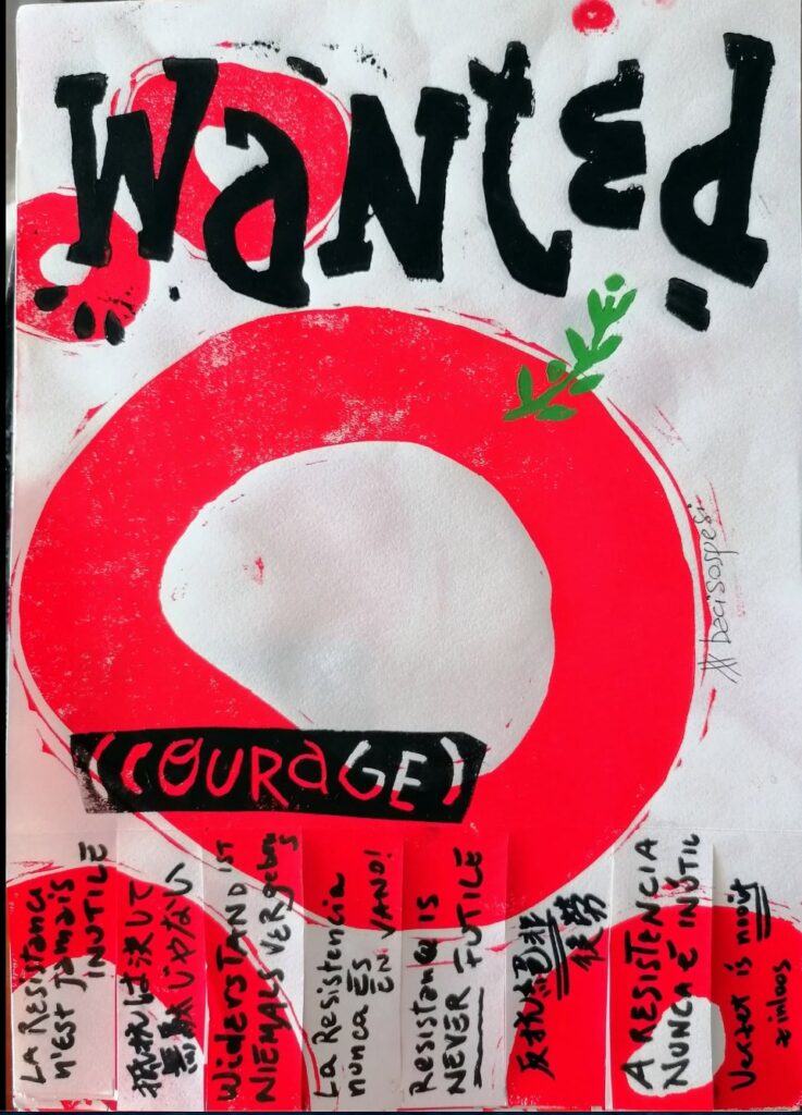 Wanted courage flyer from the Berlin Sprouting Lab, with red kisses and tear-off tabs carrying handwritten phrases in different languages.