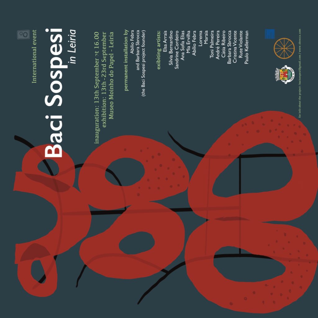 Original poster for Baci Sospesi in Leiria, announcing the installation inauguration on 13 September and the collective exhibition from 13 to 23 September 2025, with 15 exhibiting artists.